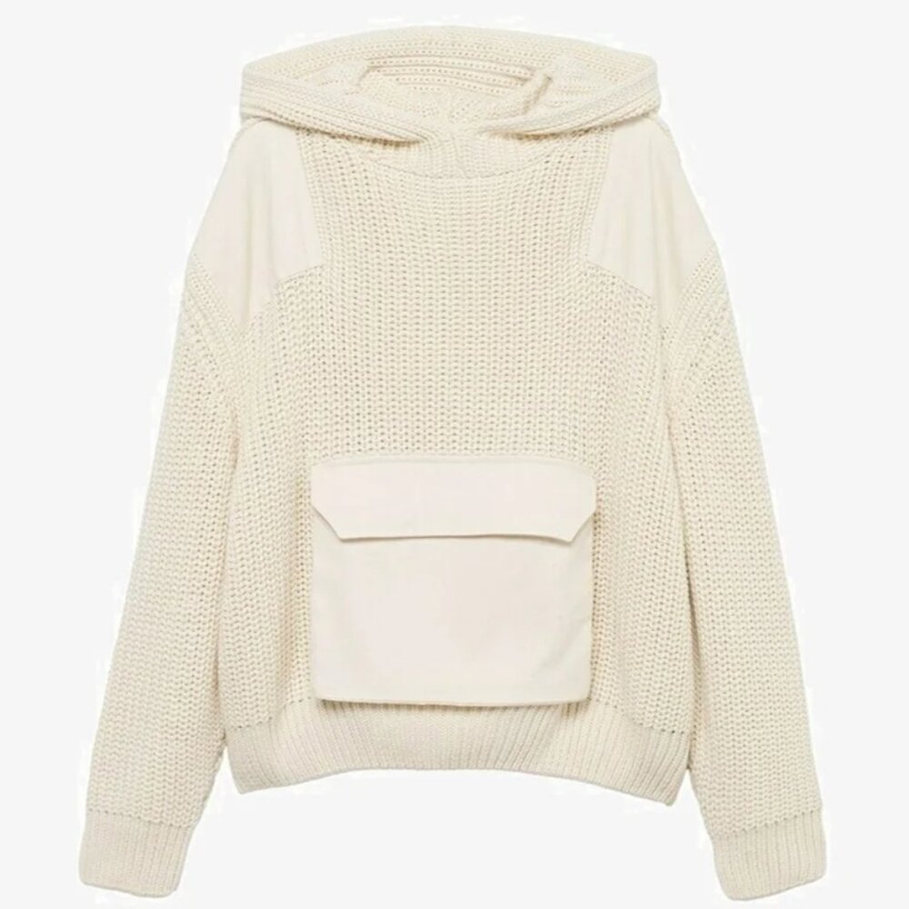 COMFY Mango Oversized XS S Ribbed Knit Pocket Hooded Pullover Sweater Ecru Cream